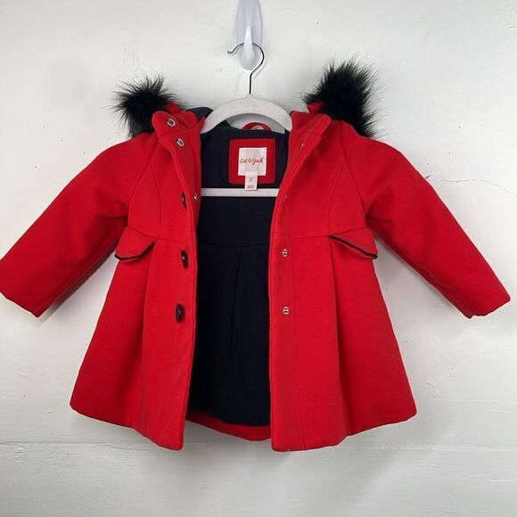 Cat & Jack Red Button Front Jacket Black Faux Fur Lined Hood toddler girl sz 2T - Picture 2 of 6